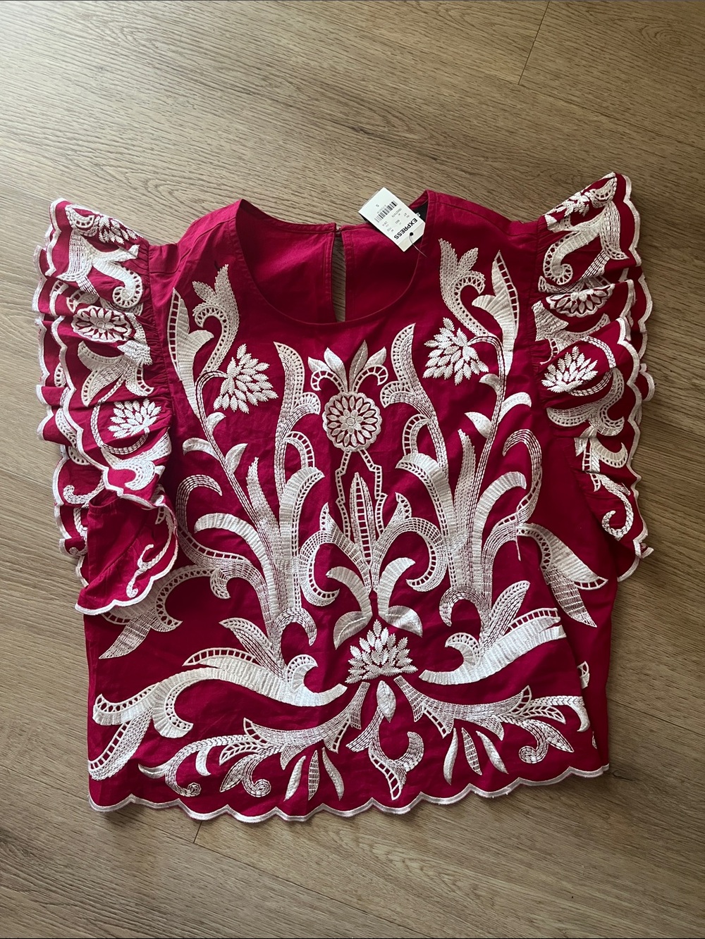 Express Fuchsia Pink Embroidered Ruffle Sleeve Top